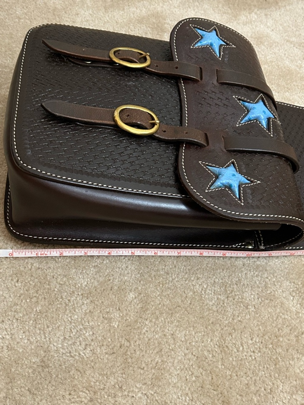 Leather Saddle Bags with Star Design & Gold Hardware 43” Long - Picture 3 of 6